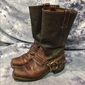 FRYE Women's Brown Leather Tall Harness Boots